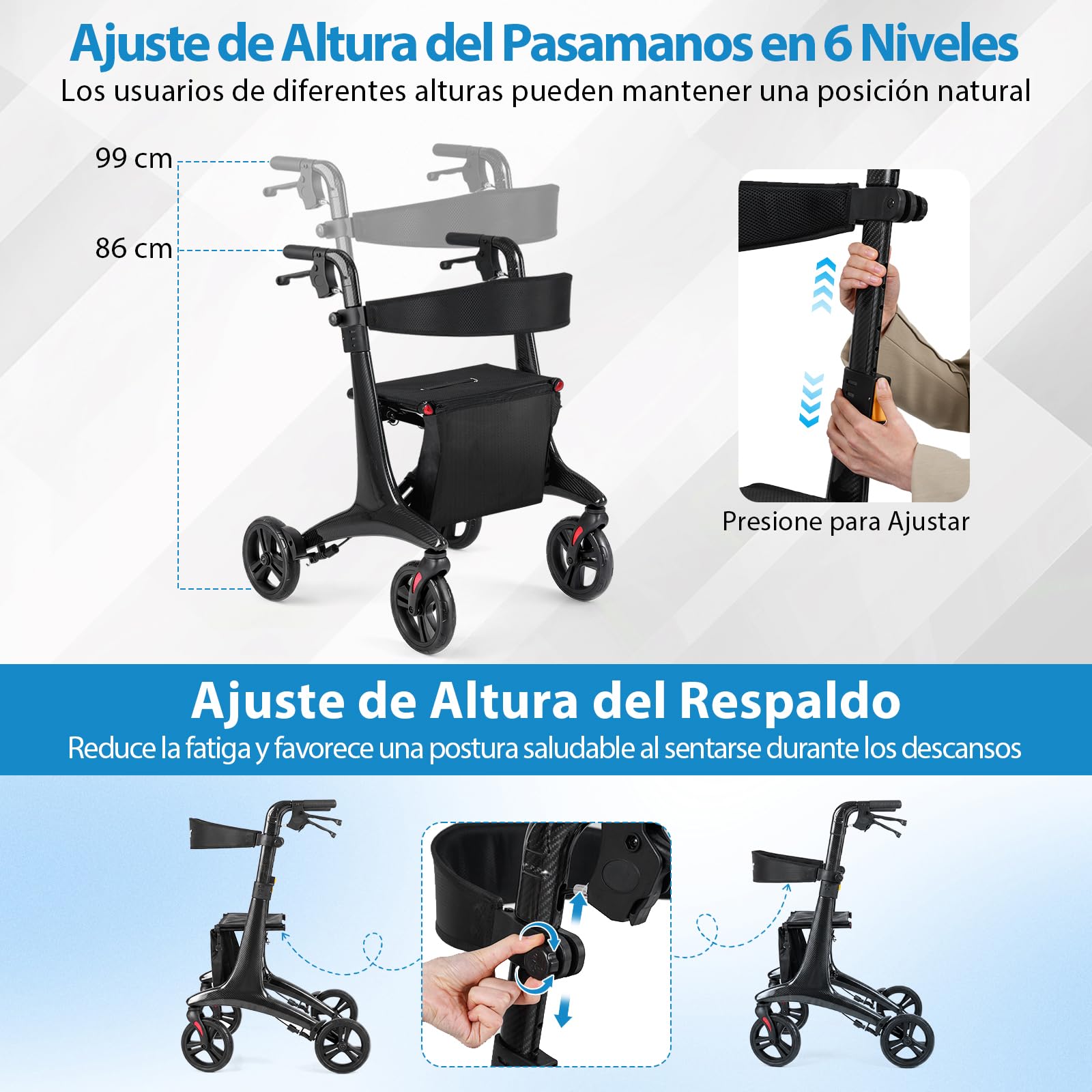 COSTWAY Andador Plegable para Ancianos, Caminadores para Mayores con Asiento, Estructura de Fibra de Carbono, 4 Ruedas de 20 cm, Altura Ajustable, Bolsillo, Tacataca para Ancianos, Carga 136kg