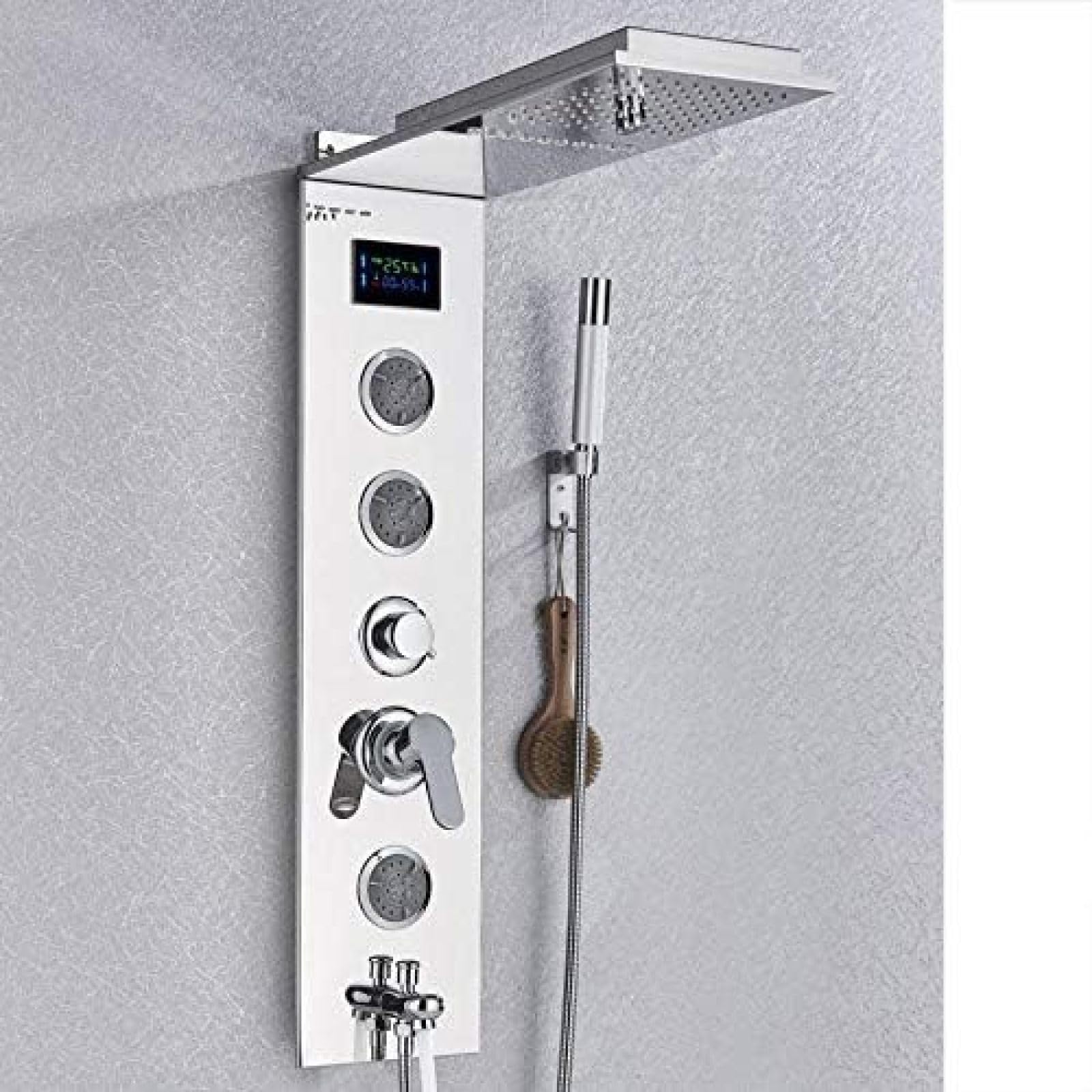 Panneau de douche chromé avec écran digital de température et douchette multi-jets abs