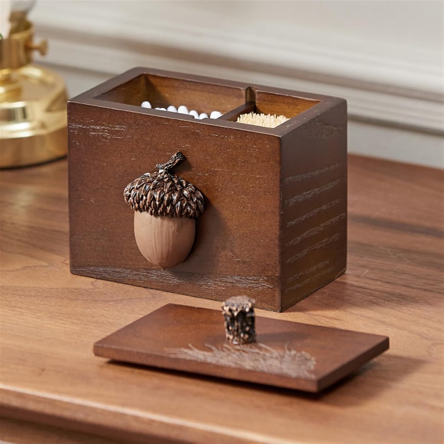 つまようじディスペンサー レトロ 木製 つまようじボックス カバーとコンパートメント収納 綿棒ボックス つまようじホルダー