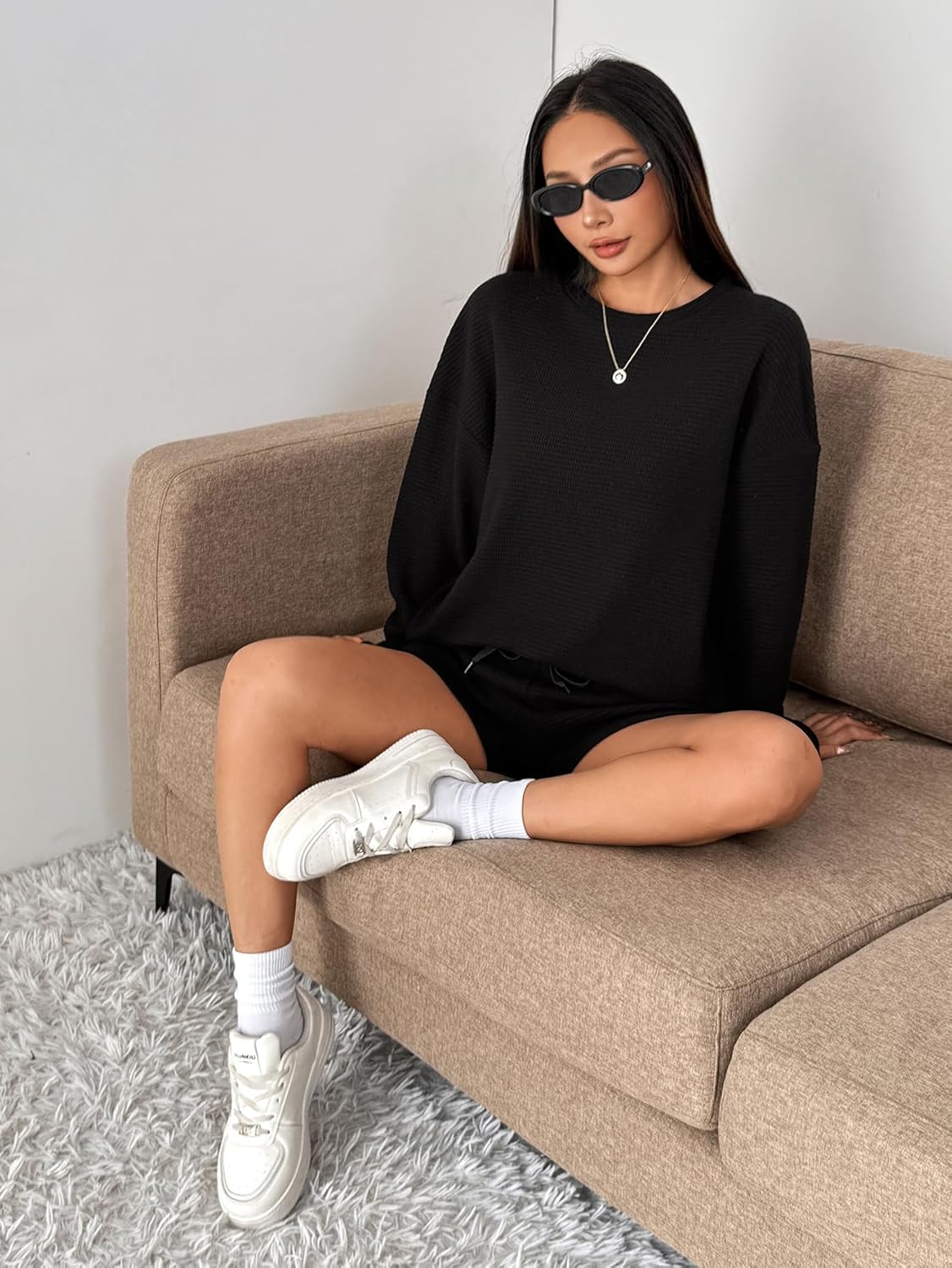 Womens Waffle Knit Pajama Sets Long Sleeve Top and Shorts Matching Lounge Set Loungewear Sweatsuit - Image 5