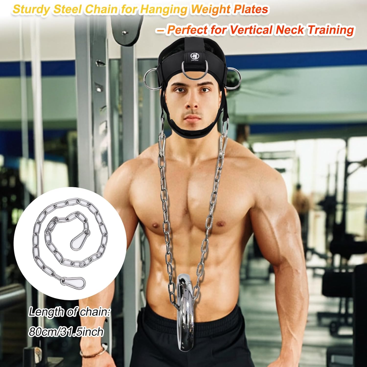 Neck Training Harness with Pulley System – Adjustable Head Strap for Side-to-Side Neck Strength Workout, Heavy-Duty Steel Chain for Weighted Vertical Training, Ideal for Powerlifting & Fitness