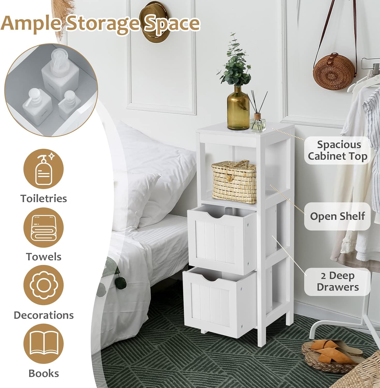 Diagram showing various items that can be stored in the cabinet, including toiletries, towels, decorations, and books.