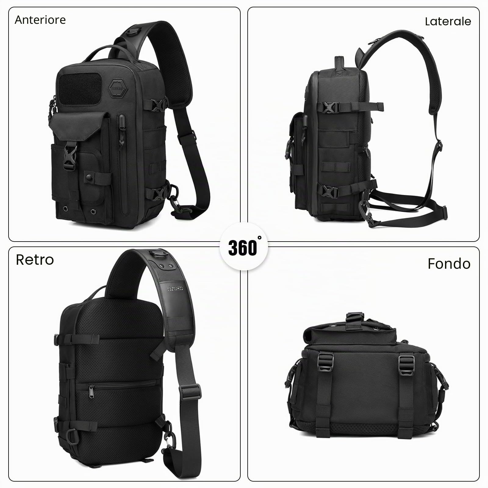 FANDARE Zaino Monospalla Uomo Militare da Palestra, Borsa a Tracolla per Campeggio, Escursione, Viaggio, Sportivo Sling Bag Nero