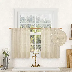 LAMIT Small Cafe Linen Curtains 36 Inches Long, Semi Sheer Light Filtering Panels Back Tab and Rod Pocket Small Cafe Drapes for Basement/Window/Loft Room, Linen, 2 Panels, 34 x 36 Inch