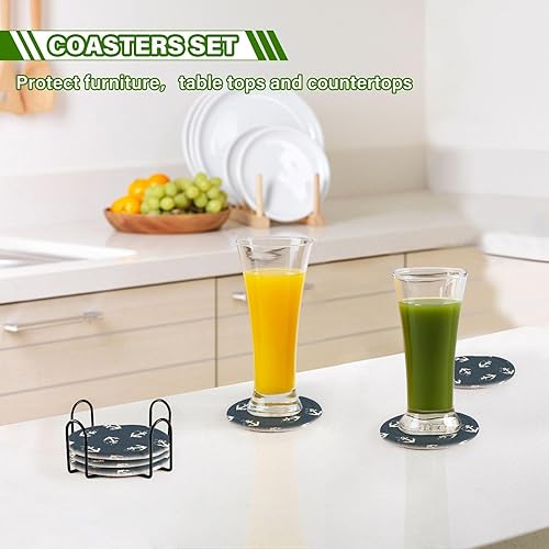 Miniatura 7 de innewgogo Blue White Anchor 6 Pcs Absorbent Drink Coasters for Tabletop Protection Handmade Round Woven Coaster with Holder & Heat Water Resistant