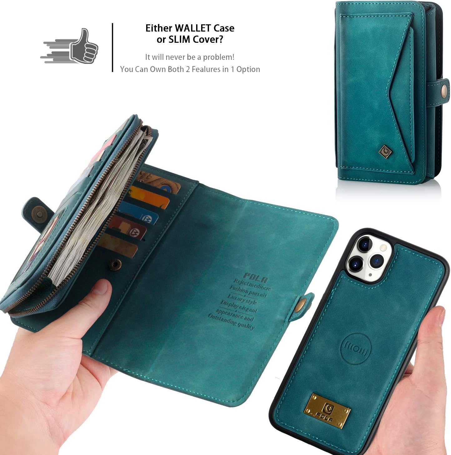 Petocase Compatible with iPhone 11 Pro Max Wallet Case, Multi-Function Zipper Purse with Detachable Magnetic Cover Wristlets 13 Card Slots 4 Cash Pocket for Apple iPhone 11 Pro Max 6.5 Inch Turquoise