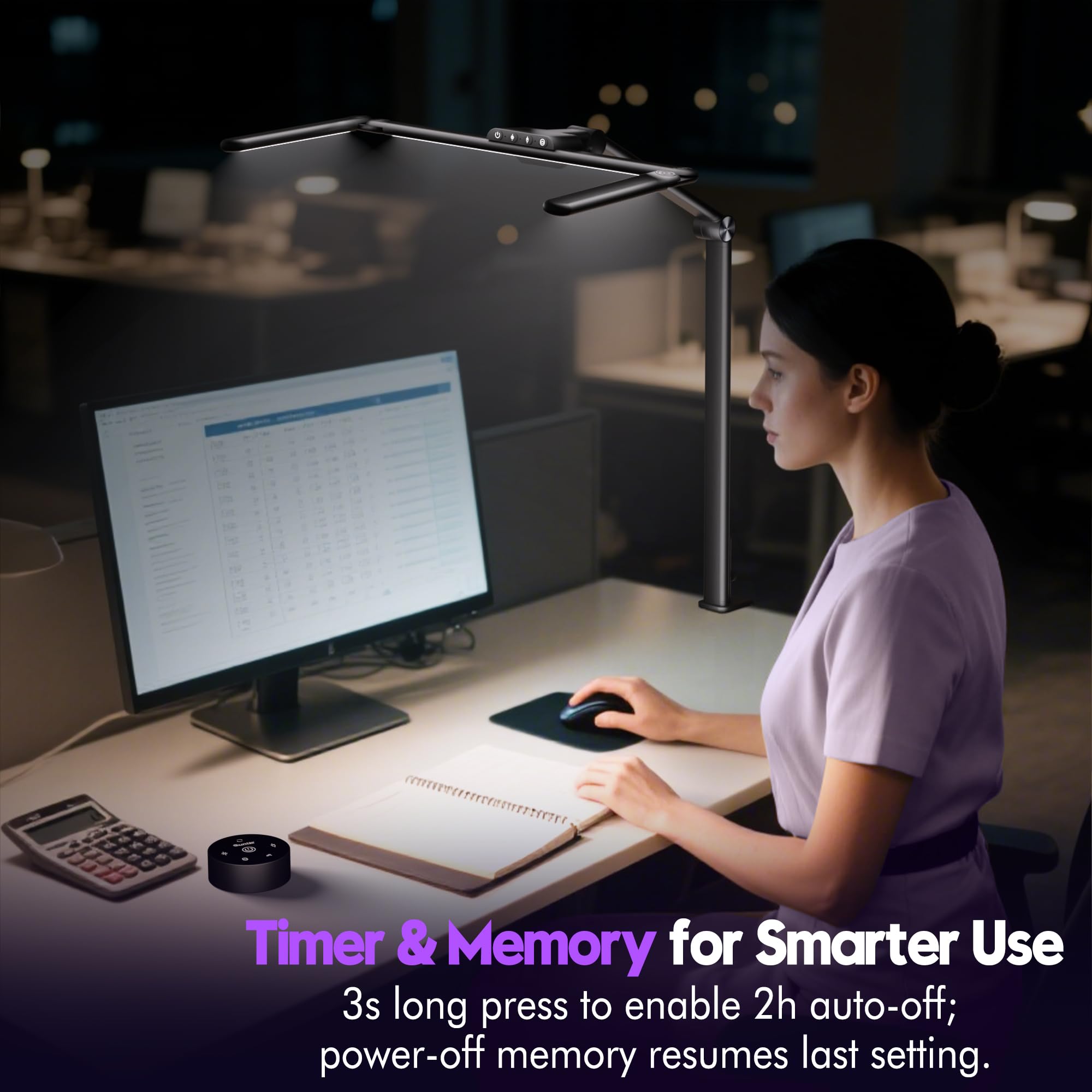 Quntis 82.5cm Lampada da Scrivania LED a Tripla Sorgente Luminosa con Retroilluminazione & Sensore Radar, 24W Lampada da Tavolo con Controllo a Sfioramento & Telecomando, Dimmerabile, Per Ufficio-Nero