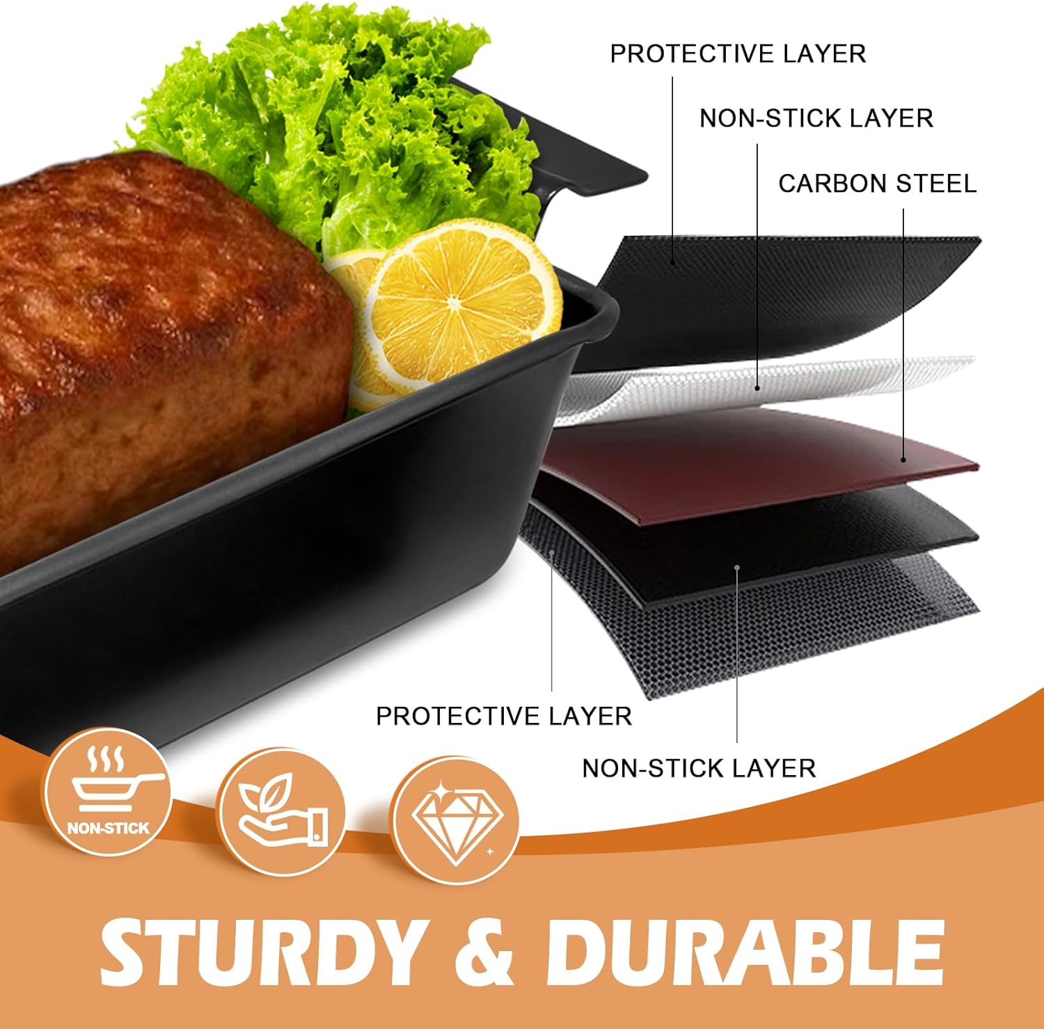 Pullman Loaf Pan with Lid + Non-Stick Meatloaf Pan with Draining Insert, Carbon Steel Bakeware with Scraper & Brush, 2LB Baking Pans for Homemade Bread & Meatloaf