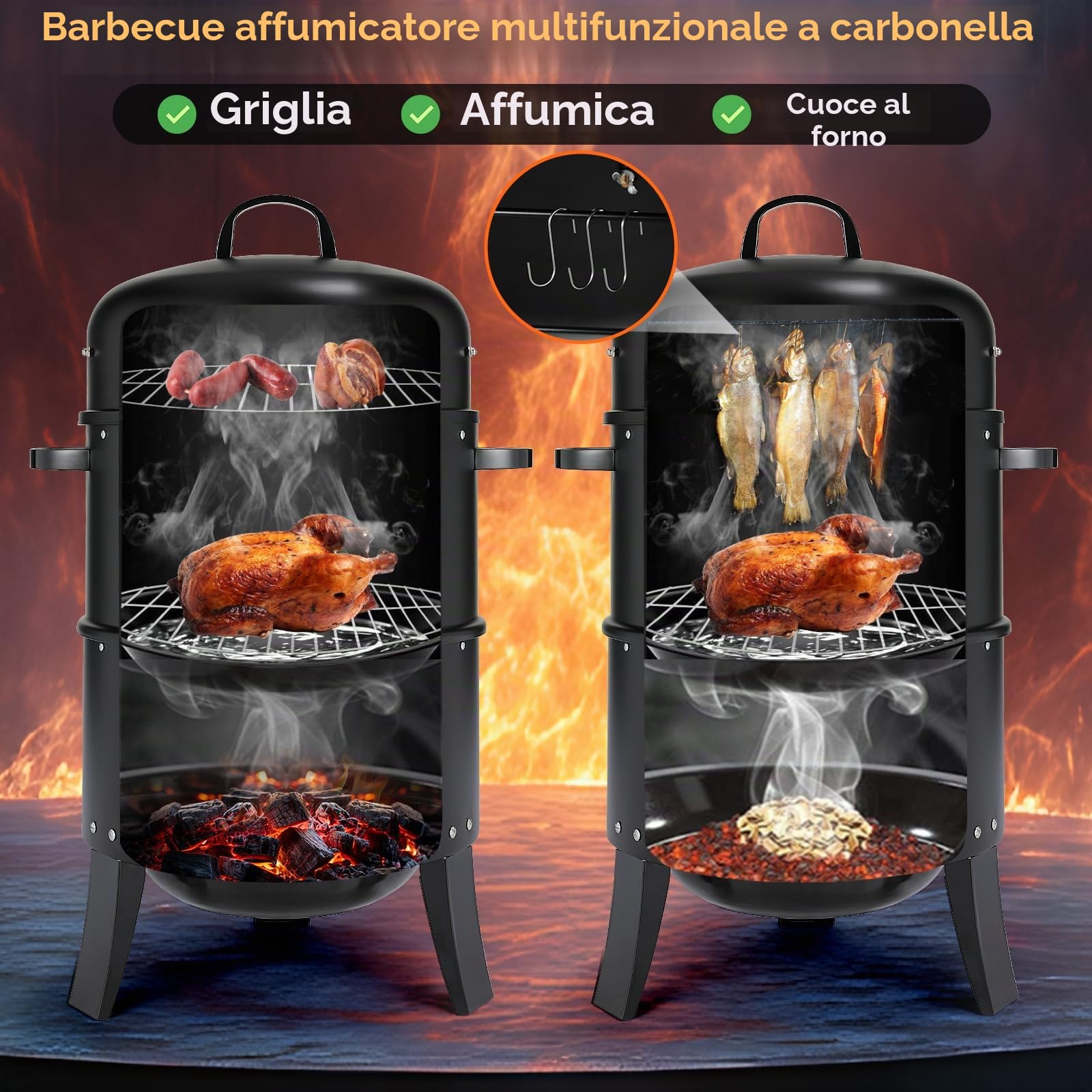 TLGREEN Barbecue Smoker 3 in 1, Affumicatore con Manico, BBQ Smoker