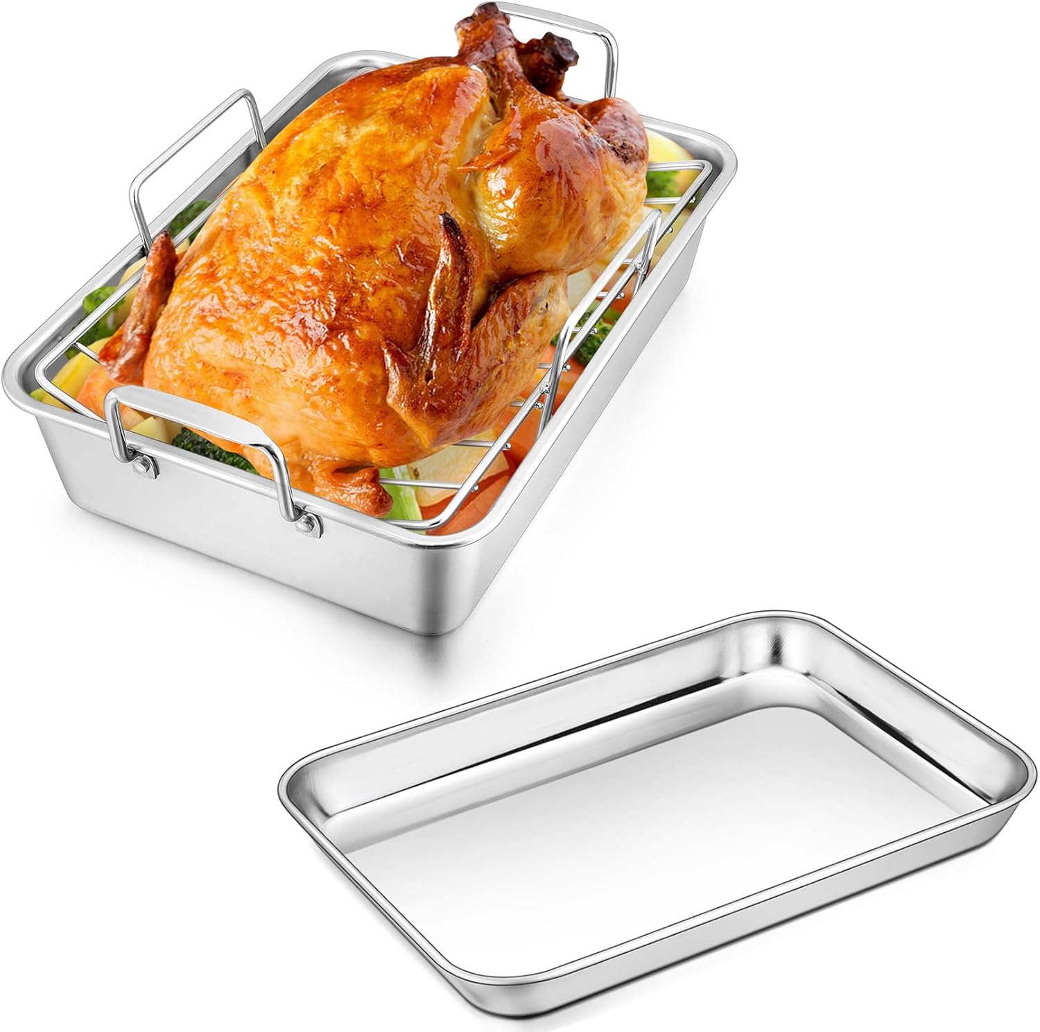 Roasting Pan with Rack & Baking Sheet Pan, Joyfair Stainless Steel Turkey Chicken Roaster and V-rack for Toaster Oven, Professional Tray for Cookie/Bacon/Bread, Rectangular Bakeware