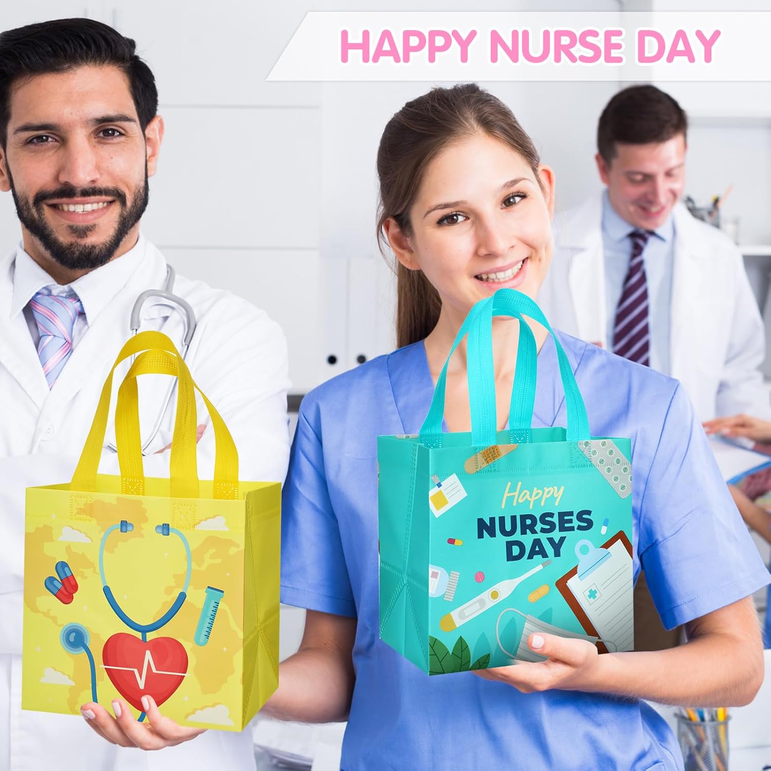 Kigeli 60 Pcs Nurse Appreciation Gift Bags, Reusable Non Woven Tote Bag with Handles, Nurse Week Gift Bulk 2026 for Nurses Day