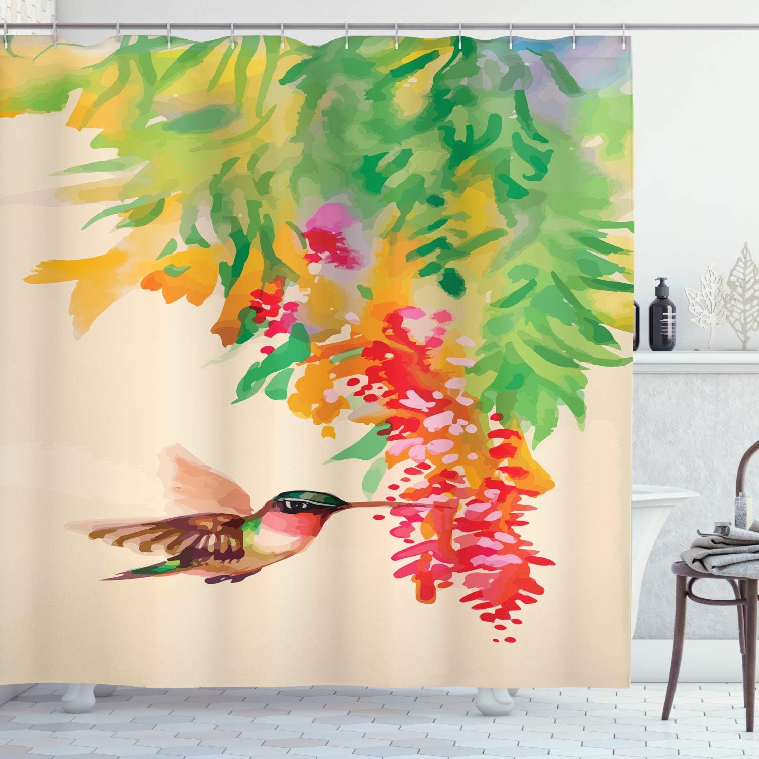 Ambesonne Hummingbird Shower Curtain, Image of Colibri Bird and Flowers Exotic Tree Bloom in Watercolor Effect, Cloth Fabric Bathroom Decor Set with Hooks, 69" W x 75" L, Green Red Beige