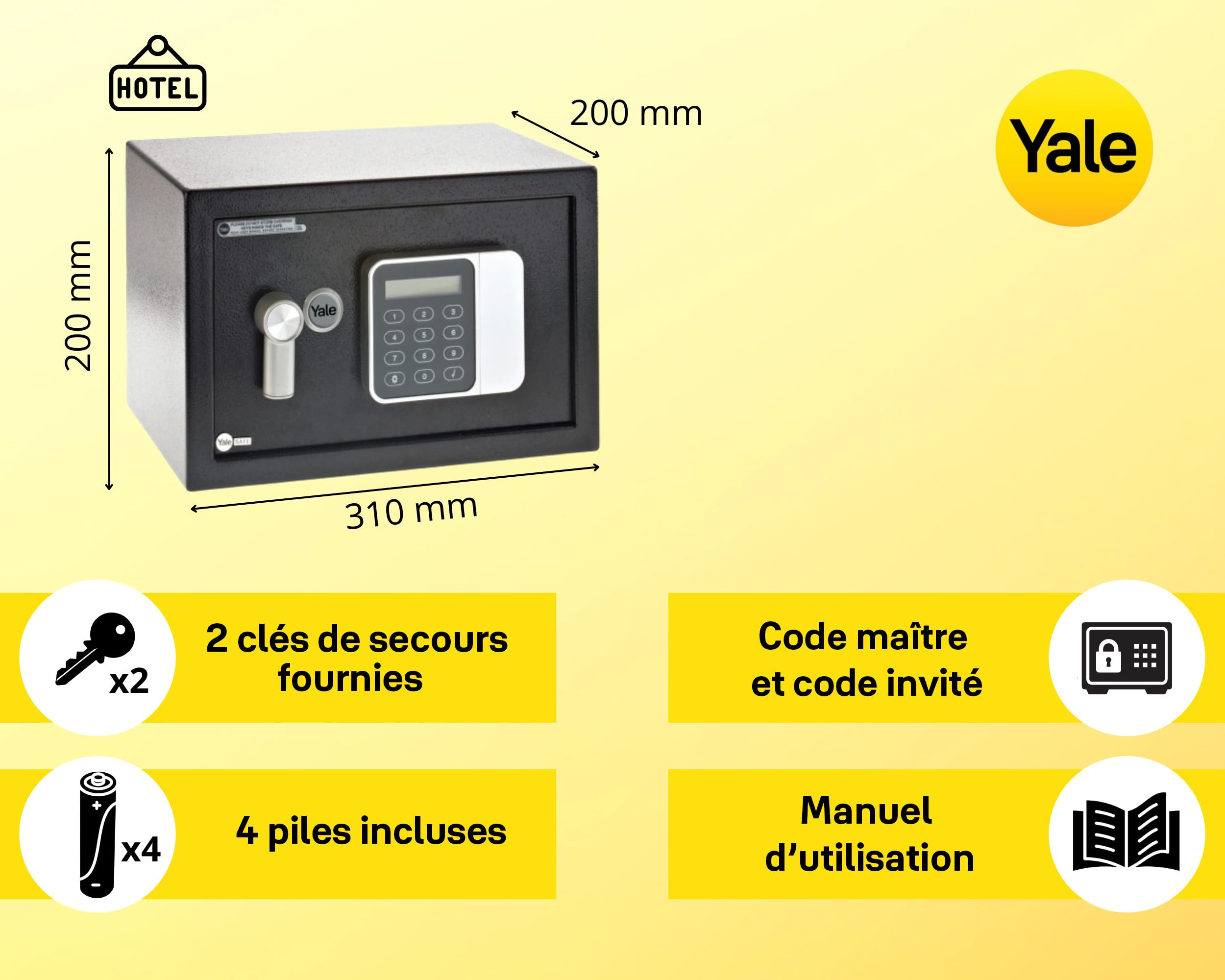 Yale Coffre-Fort Électronique Hôtel - Compact 8.6L - Serrure électronique 100 000 Combinaisons, Code utilisateur et Code maître 3 à 8 Chiffres pour Clients et hôtelier - 20x31x20cm YSG/200/DB2