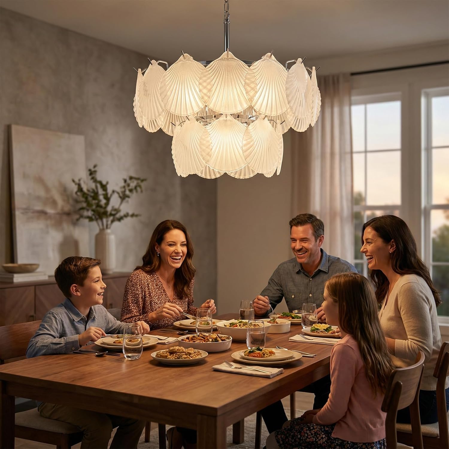 Round Seashell Chandelier 5-Light 2 Layer Glass Shell Chandelier Adjustable Height Art Deco Coastal Ceiling Light Fixture for Dining Rooms Living Room