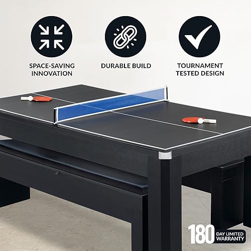 Vista 4 de Hathaway Park Avenue 7 Ft Pool Table Combo Set with Benches and Complete Game Accessories - Billiard Table with Ping Pong and Dining Top