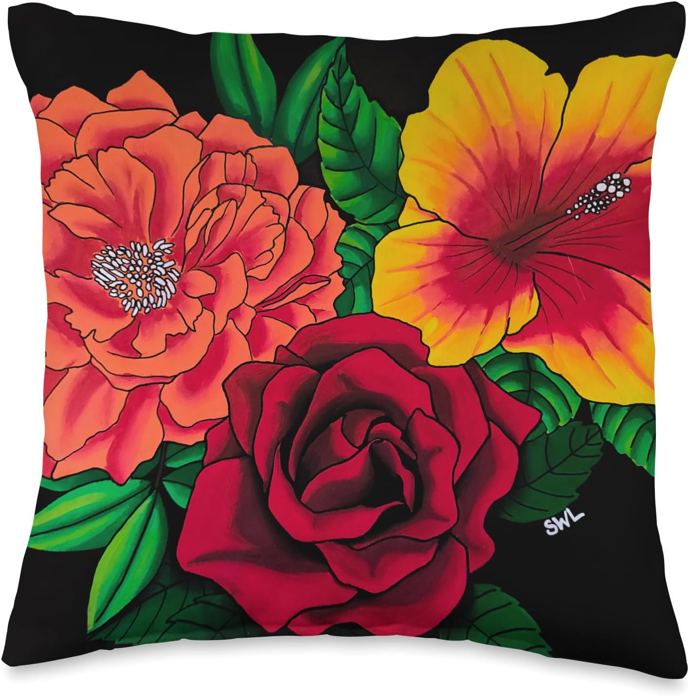 Pink Peony Yellow Hibiscus Red Rose Tropical Design Flowers Throw Pillow