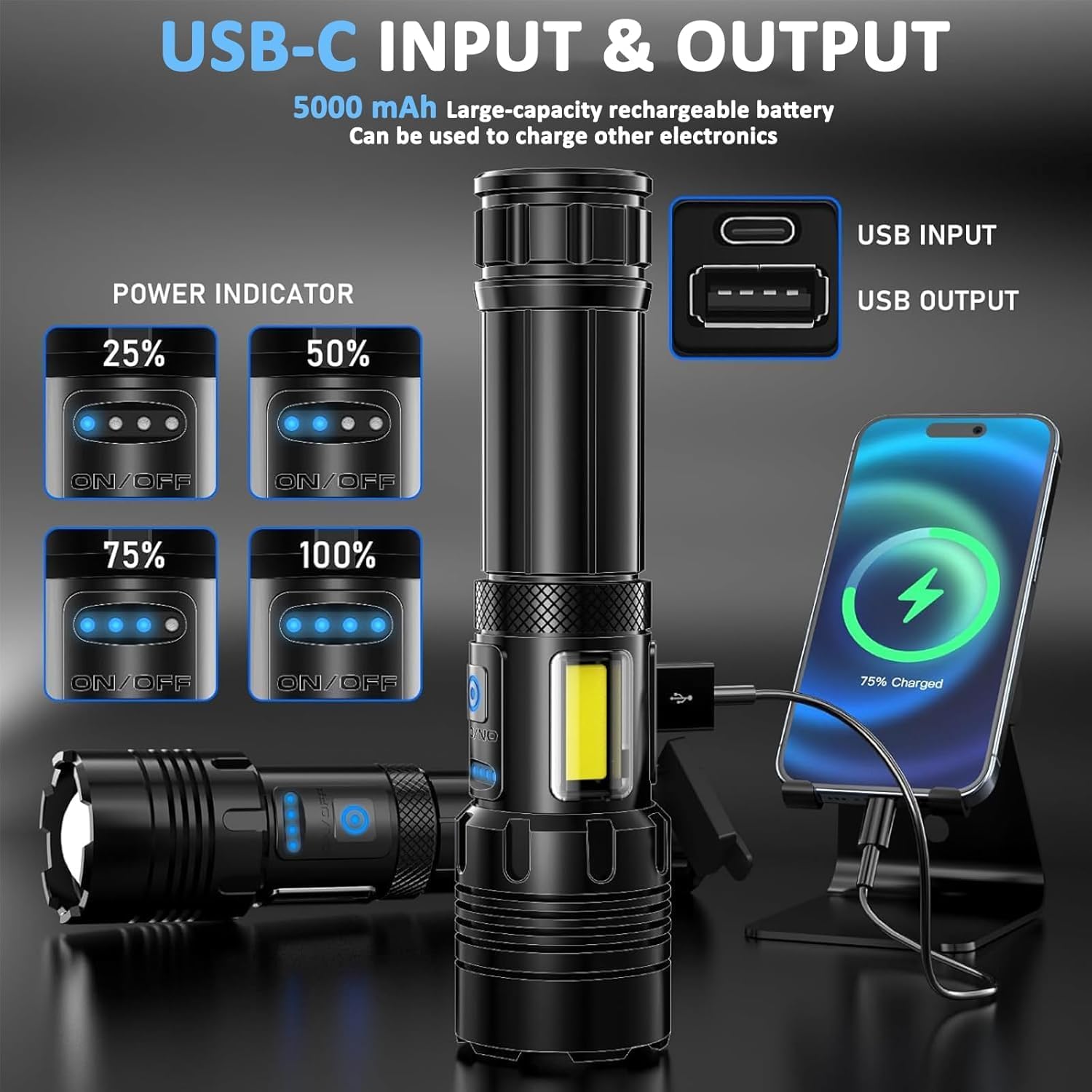 High Power Rechargeable Flashlight - LED Torch & Emergency Lamp -5