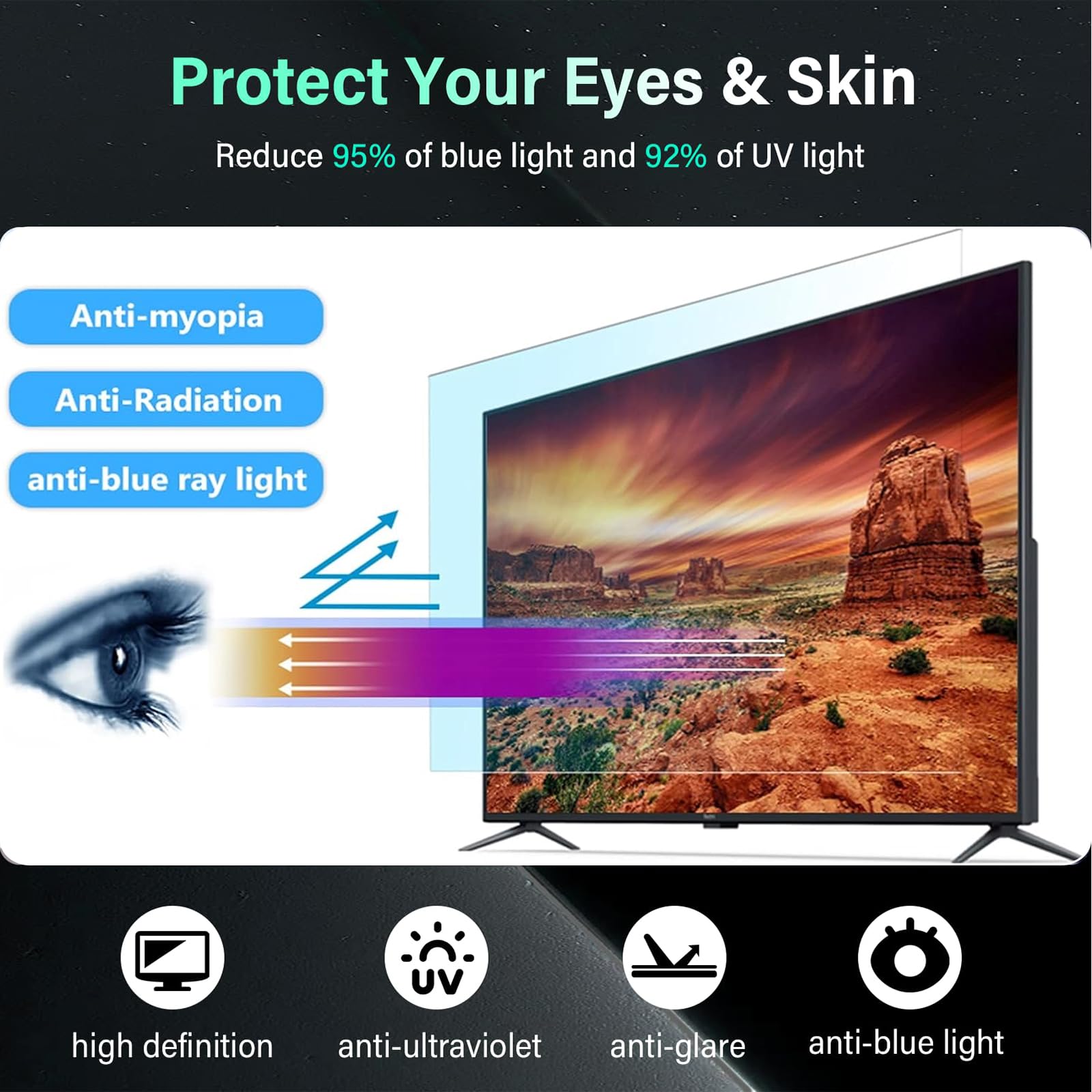 Protector de Pantalla de TV Anti luz Azul, película de Filtro antirreflectante Anti rayaduras Mate de 50-58 Pulgadas Protección Ocular antimiopía Película de Filtro Ultra Clara,50in 1095 * 616mm
