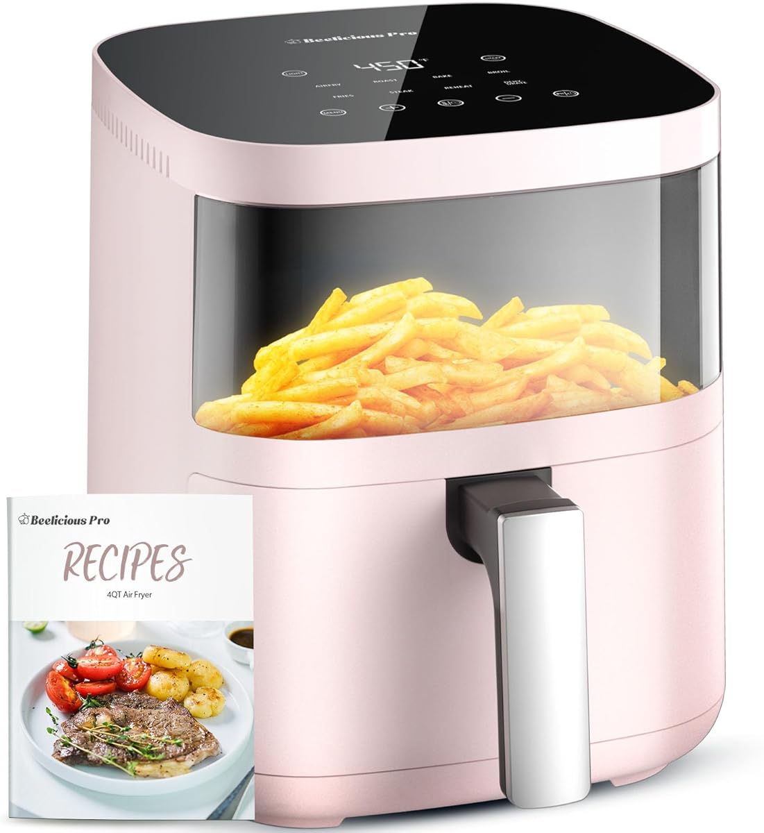 Air Fryer, Beelicious 8-In-One Smart Compact 4QT Air Fryers, with Viewing Window, Shake Reminder, 450°F Digital Airfryer with Flavor-Lock Tech, Dishwasher-Safe & Nonstick, Fit for 1-3 People, Pink