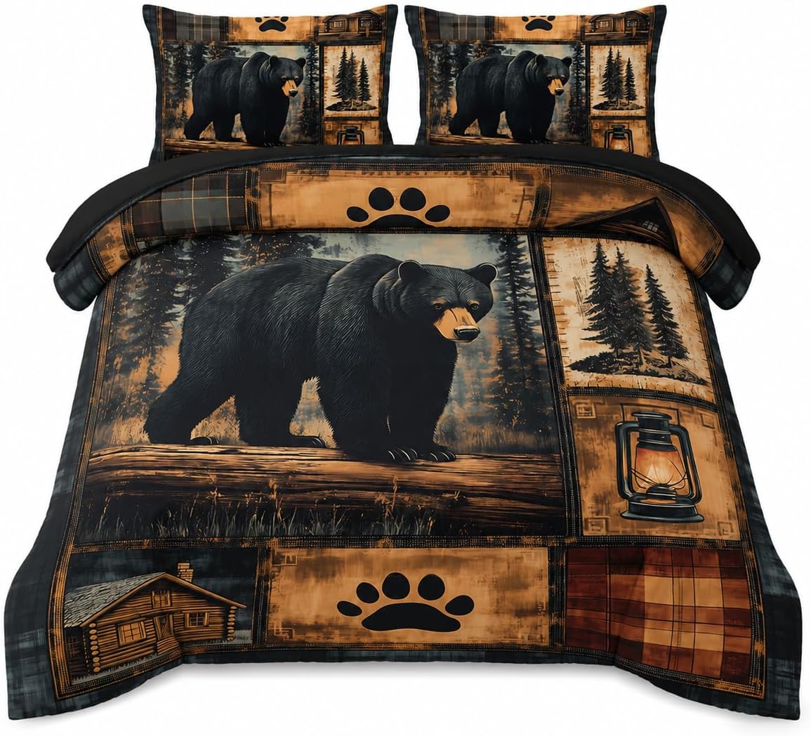 AILONEN Black Bear Comforter Set Full Size,Rustic Bear Bedding Set for Kids Boys Girls,3-Piece Wildlife Themed Hunting Comforter with 2 Pillowcases