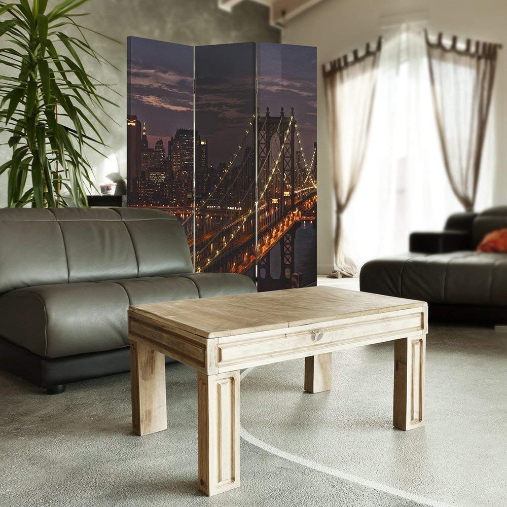Feeby Paravent New York Manhattan Panorama 3 Panneaux 110x150 cm Seule Côté Cloison de séparation Écran Pliant Paravent Interieur Décoratif Chambre d'enfant Salon Bureau Brooklyn Bridge Brun Orange
