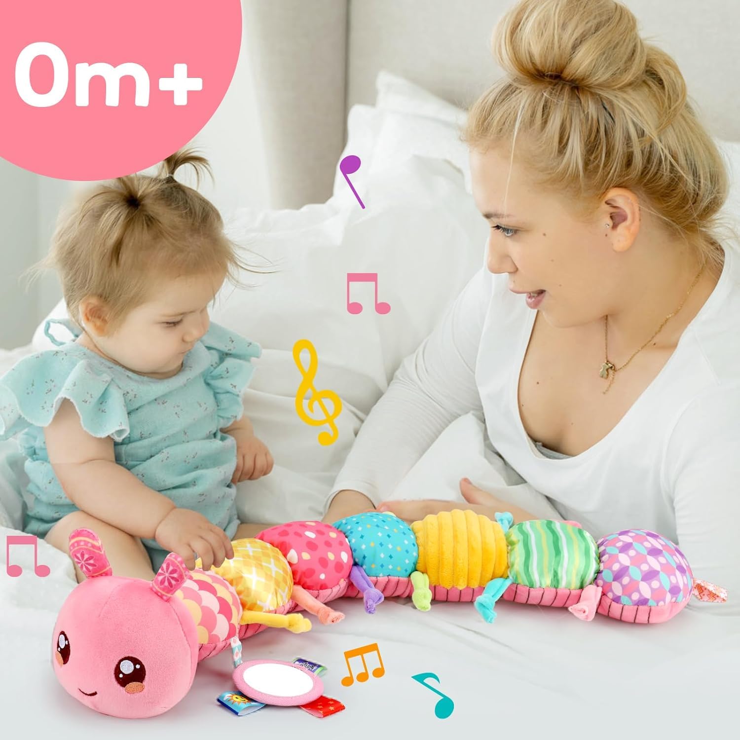 Lypsochaat Jouet Bebe 0-3-6-9-12 Mois, Jouet en Peluche Chenille Musicale, Jeux Bébé Eveil 0-3 0-6 Mois, Cadeau Naissance Fille Garcon Bébé (Rose)