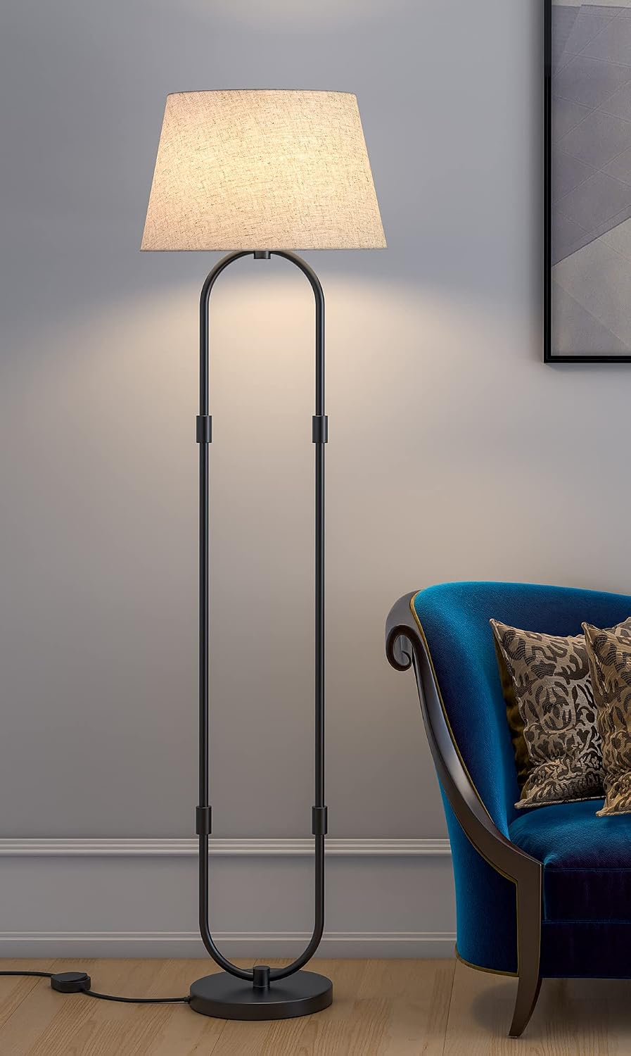 Divine Trends Loop Modern Black Floor Lamp Standing 5ft Height with Off White Lampshade 16 inches Diameter Pack of 1