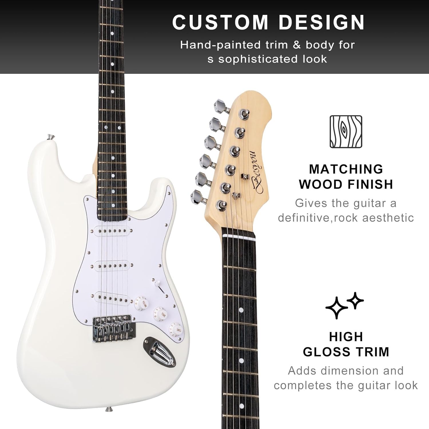39 Inches Full Size Electric Guitar Beginner Electric Guitar Kits with 10W Amp Classic SSS Pickup Complete with Gig Bag Tuner Capo Strap Picks Guitar String Winders White
