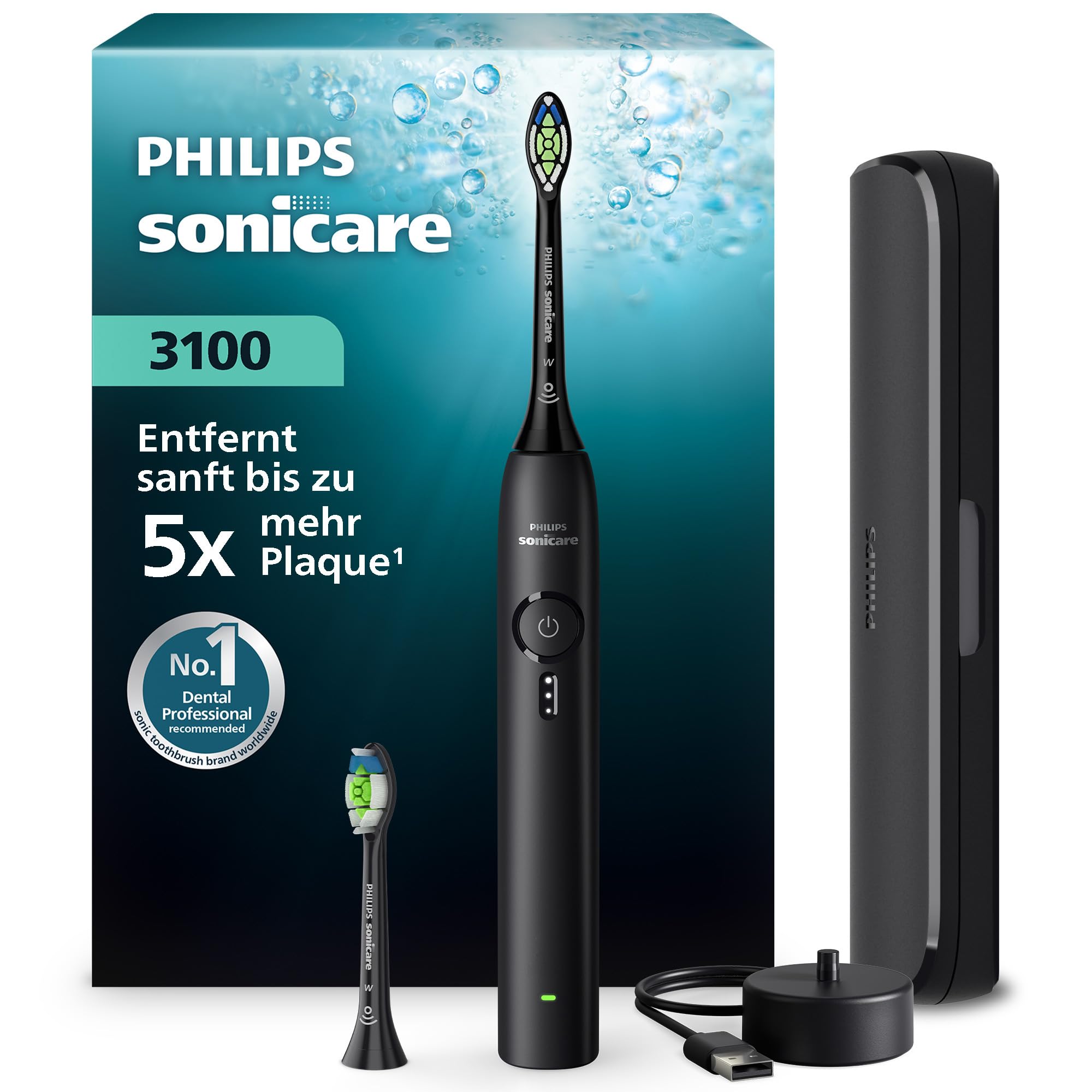 Philips Sonicare Series 3100 Elektrische Zahnbürste – Schallzahnbürste mit Drucksensor, 3 Intensitätsstufen, EasyStart, SmarTimer, 14 Tage Laufzeit, Reiseetui, Schwarz, HX4034/22, [Neu]