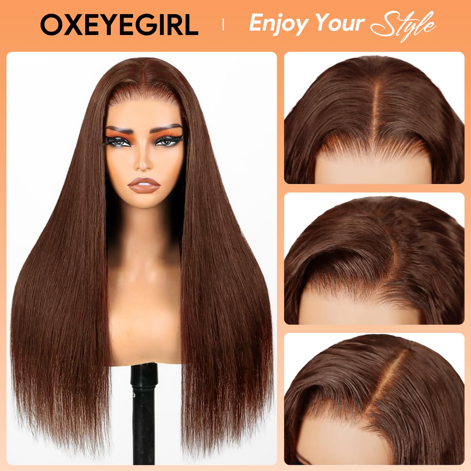 30 Inch Chocolate Brown 9X6 Straight Human Hair Wig for Women,200% Density Glueless Wigs Human Hair Pre Plucked Pre Cut,Wear and Go Glueless Lace Front Wig Brazilian Human Hairs Wigs - Image 3