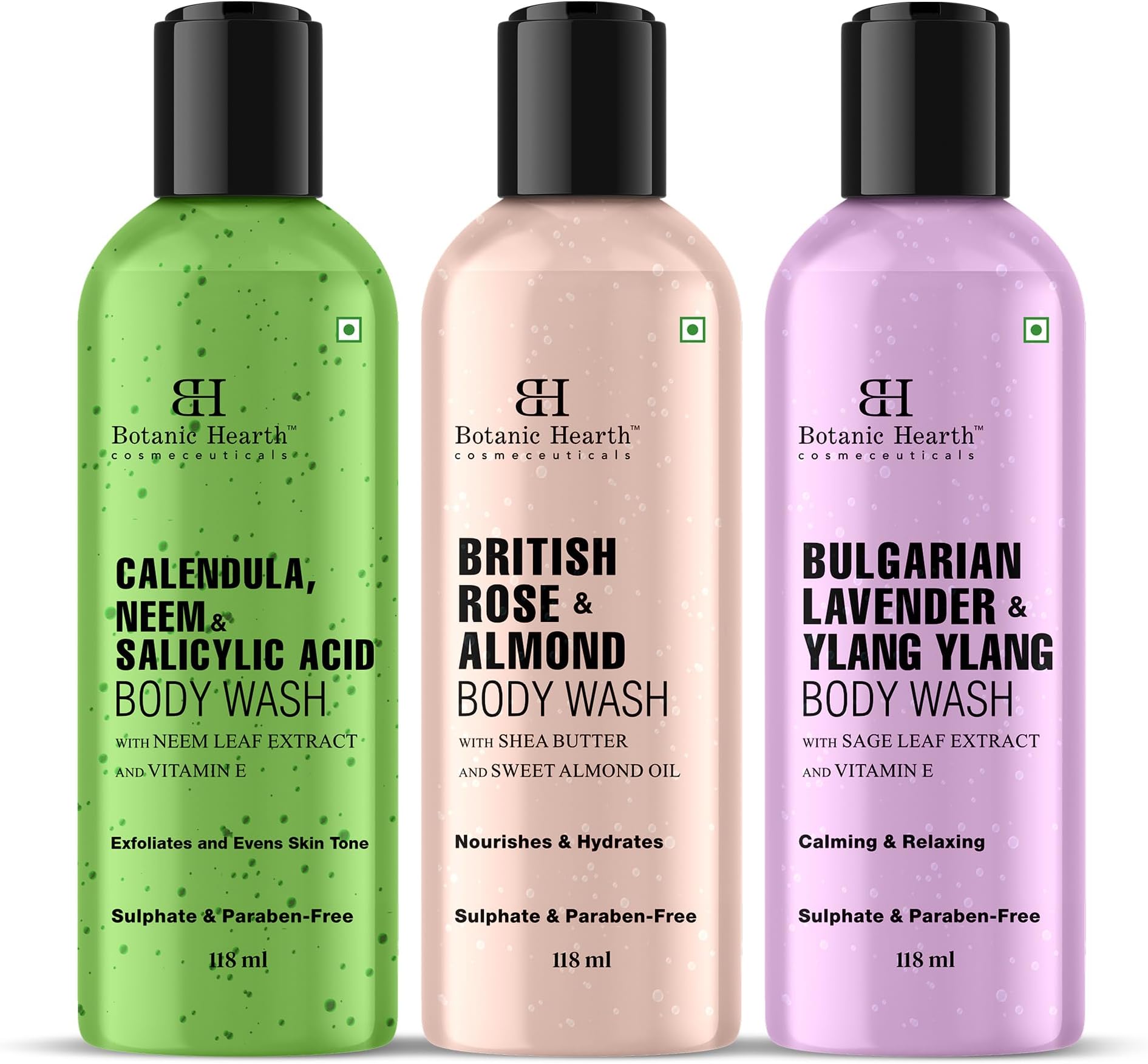 Botanic Hearth Body Wash Set of 3 – British Rose, Neem & Lavender | Hydrating & Purifying Shower Gel | Deep Cleansing, Refreshing & Nourishing | For All Skin Types | 118ml Each
