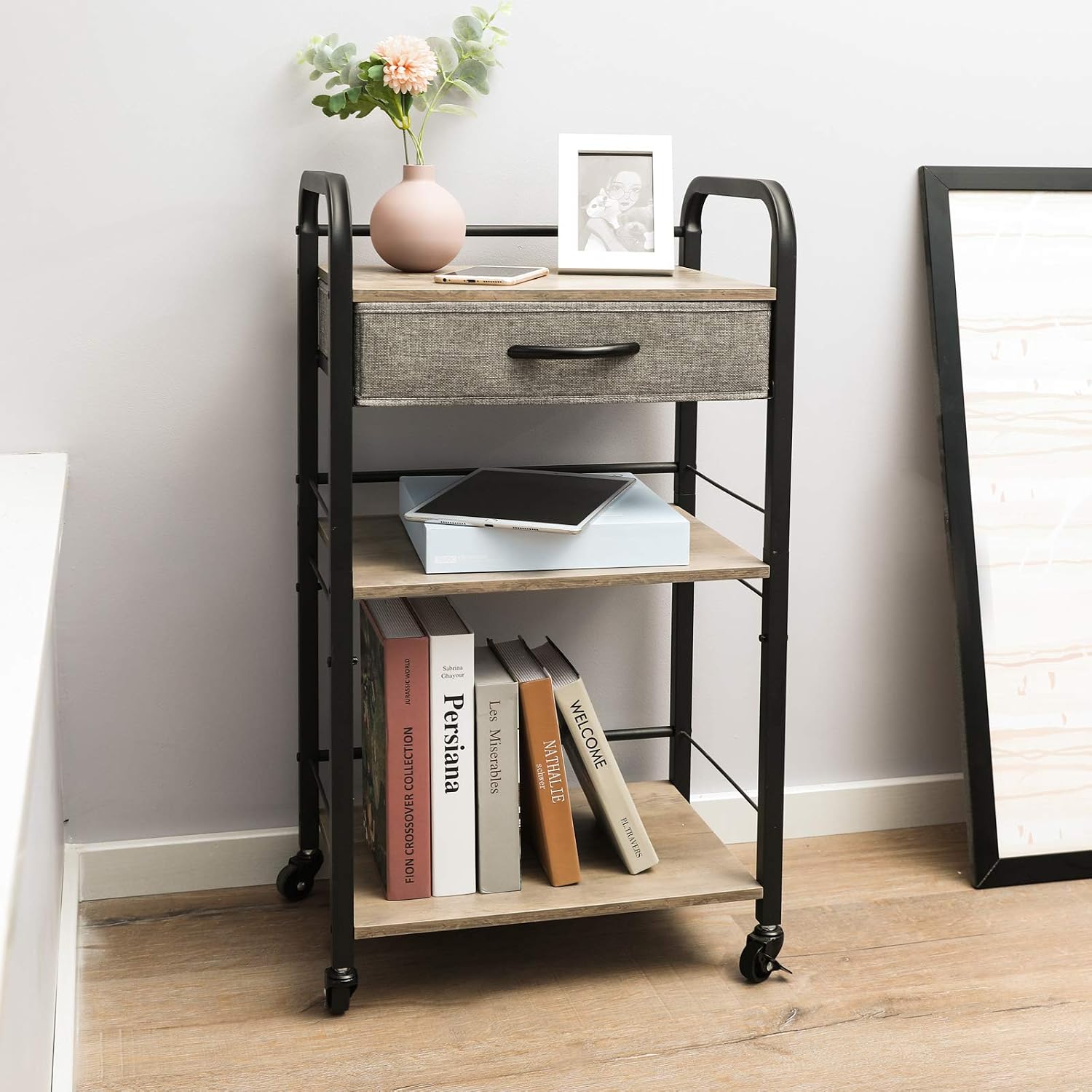 3 Tier Rolling Utility Carts with Drawer, End Table Nightstand Wood Metal Roller with 5 S Hooks Handles, Kitchen Island Storage Organizer with One Adjustable Tier for Room Office Restaurant Hotel