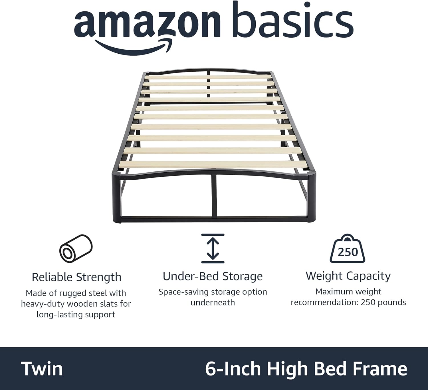 Amazon Basics Metal Platform Bed Frame with Wood Slat Support, 6 Inches High, Twin, Black