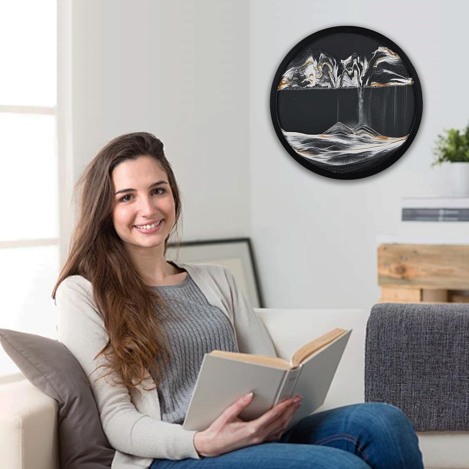 Modern Dynamic Sand Picture 3D Creative Deep Sea Sandscape Living Room Decoration, 360° Rotate, Relaxing Mood Home Office Work Decor, 44cm/17.3'' (Silver-black background) — image 1