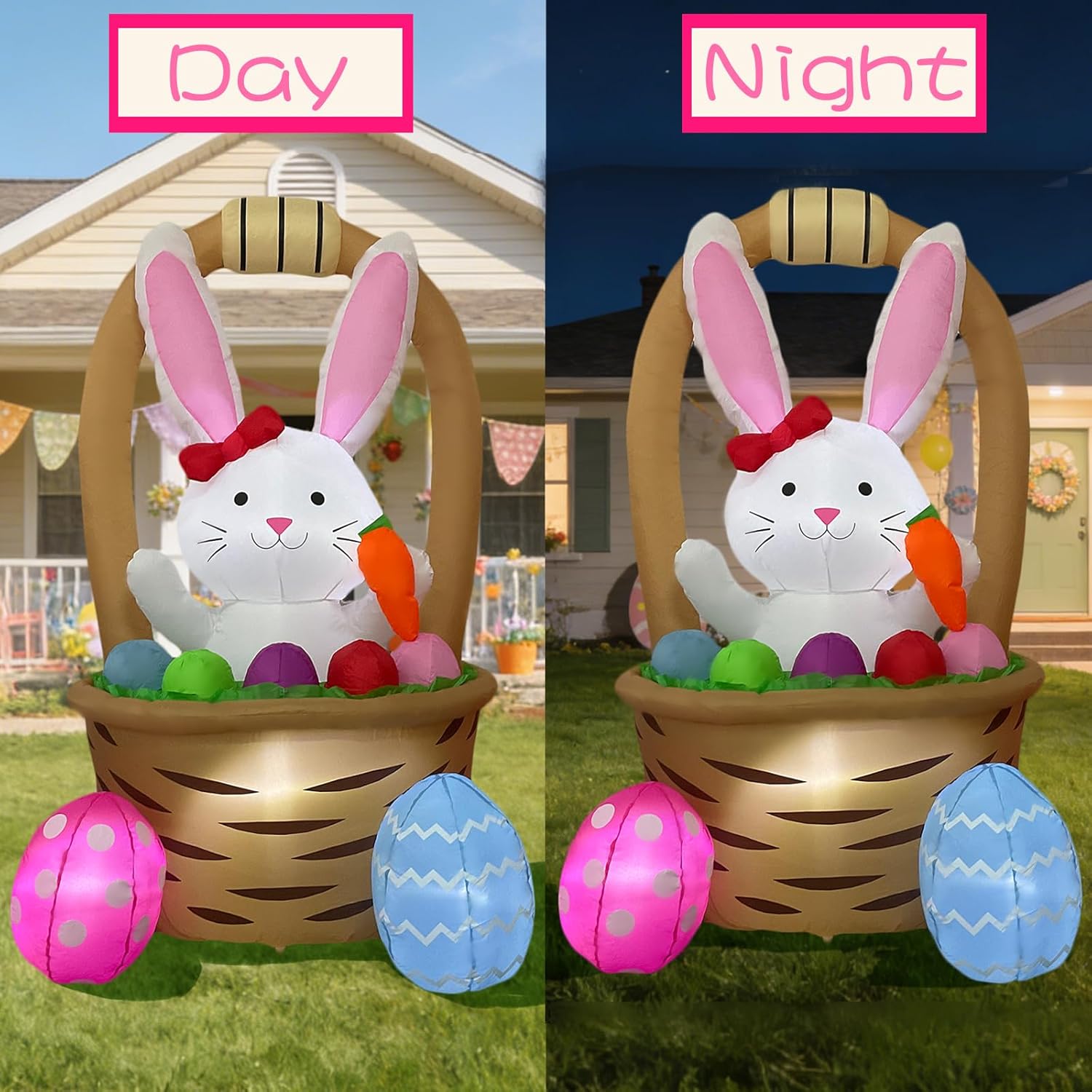 InfeasJoiy 6FT Bunny Flower Basket Inflatable Easter Decoration with Built-in LED Lights, Suitable for Patios, Lawns, and Terraces.