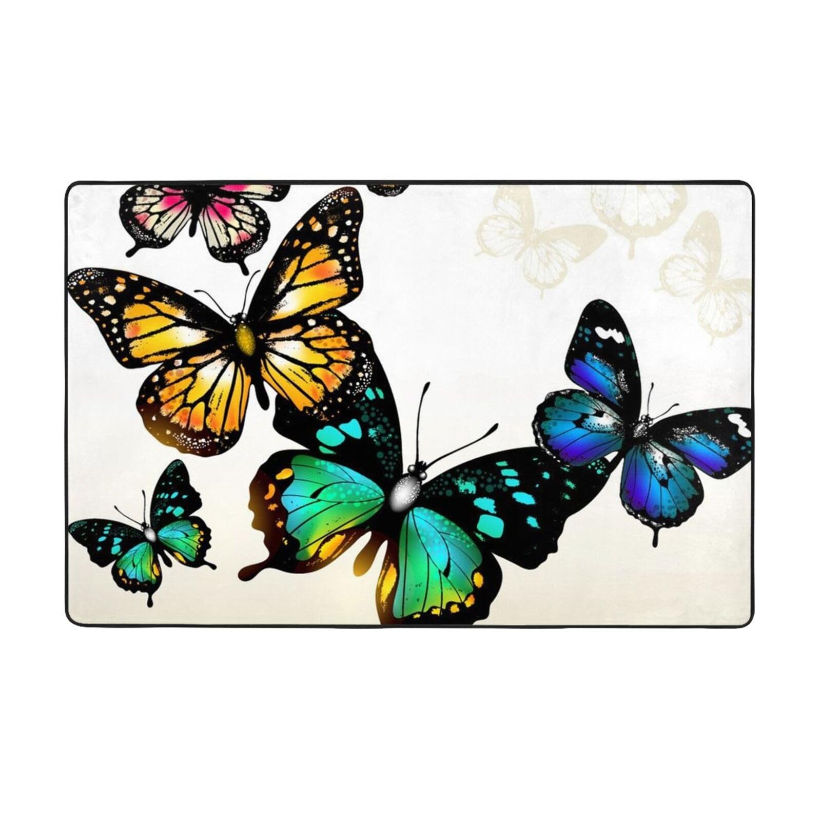 Tapis de salon lavable et antidérapant en peluche motif papillon vert jaune 150x100 cm