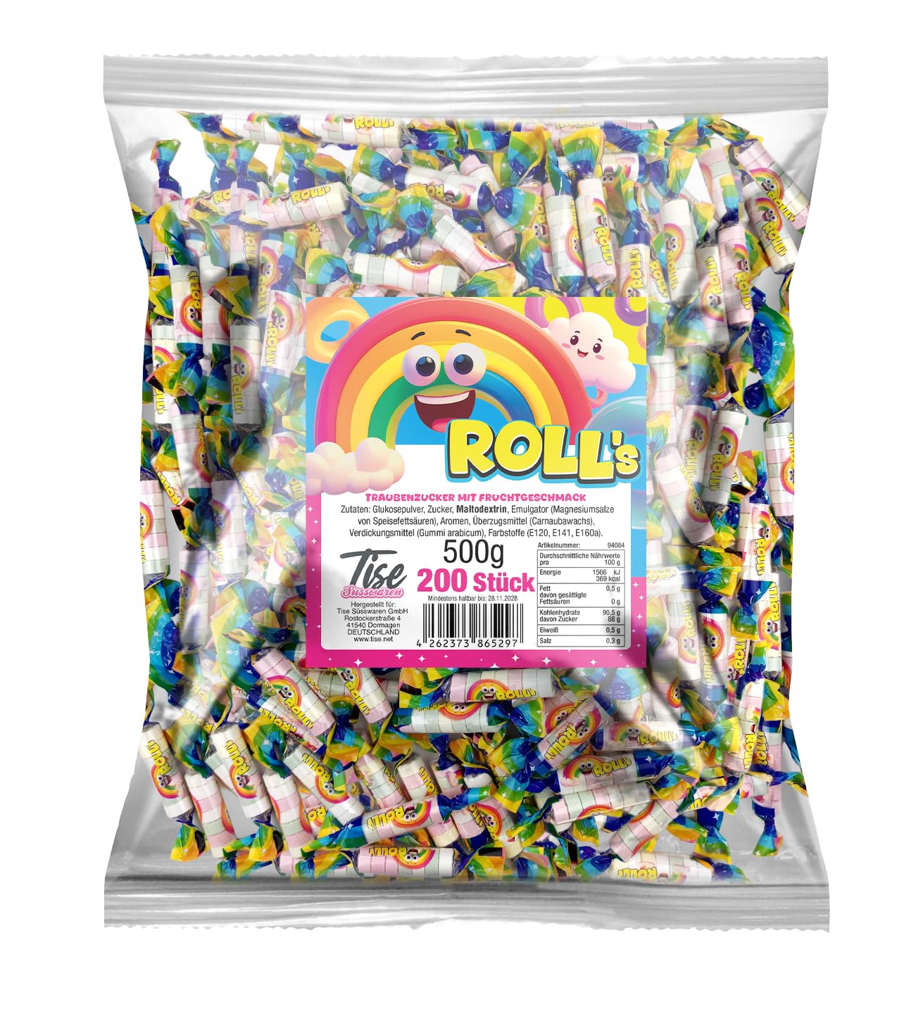 Tise Süsswaren Roll's Traubenzucker, Perfektes Wurfmaterial für Karneval und Fasching (12x500g 2400 Stück)