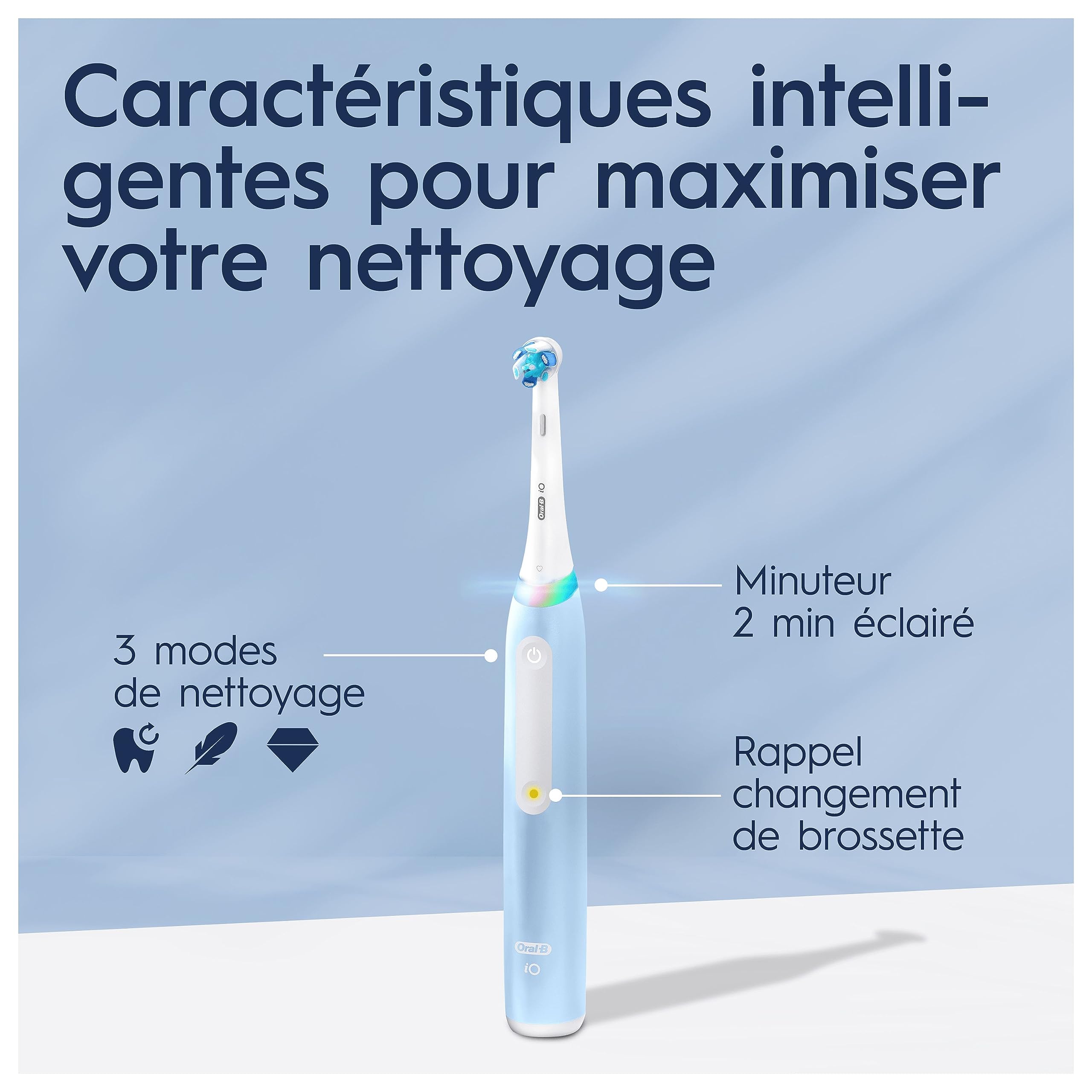 Oral-B Pack Brosse A Dents Electrique iO3, Brossettes Ultimate Clean, ORIGINALES, Lot De Manche Oral B Bleue avec 3 Embouts Ronds Et Mode Blancheur, 2 Têtes De Recharge, Brossage En Profondeur