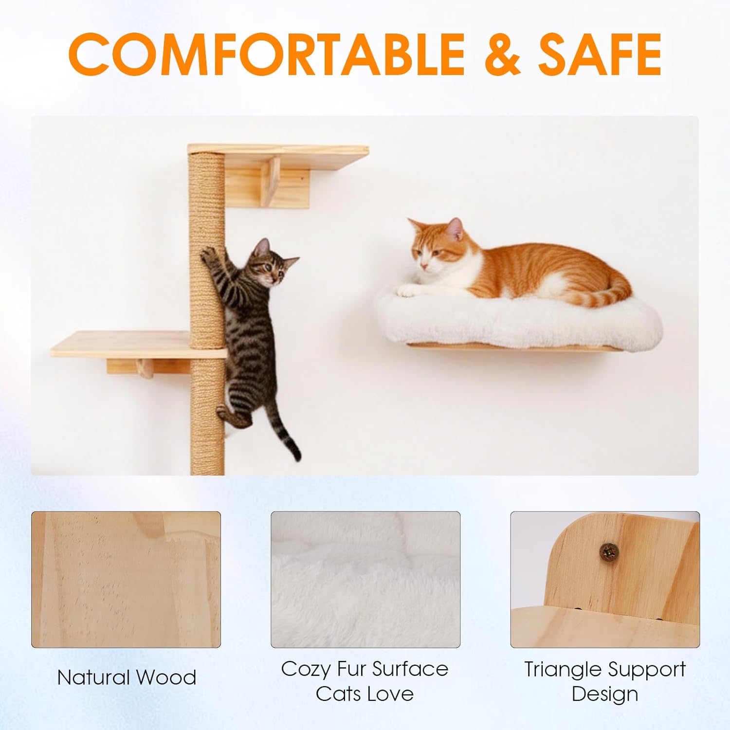 6in1 Cat Wall Shelves Climbing Systems, Large Cat Furniture Shelf Set Wall Hanging Mounted, Hammock Sisal Scratching Perch Bed 2 Steps Tower Tree for Indoor House Corner Ladder