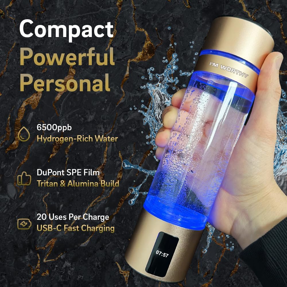 Hydrogen Water Bottle, Portable Hydrogen Generator - Thick Bottle - Water Molecular Ionizer,Portable, Rechargeable, LED Timer