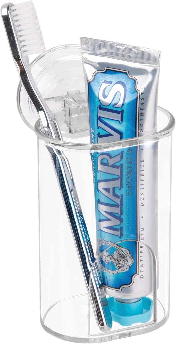 InterDesign Vaso de plástico con ventosa, 3" x 3.5" x 4.5", transparente | Organizador de baño, almacenamiento para espejo o ducha