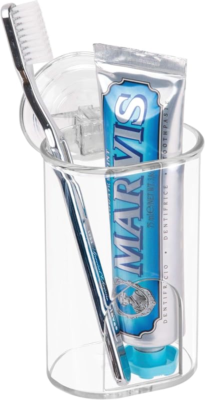 InterDesign Vaso de plástico con ventosa, 3" x 3.5" x 4.5", transparente | Organizador de baño, almacenamiento para espejo o ducha