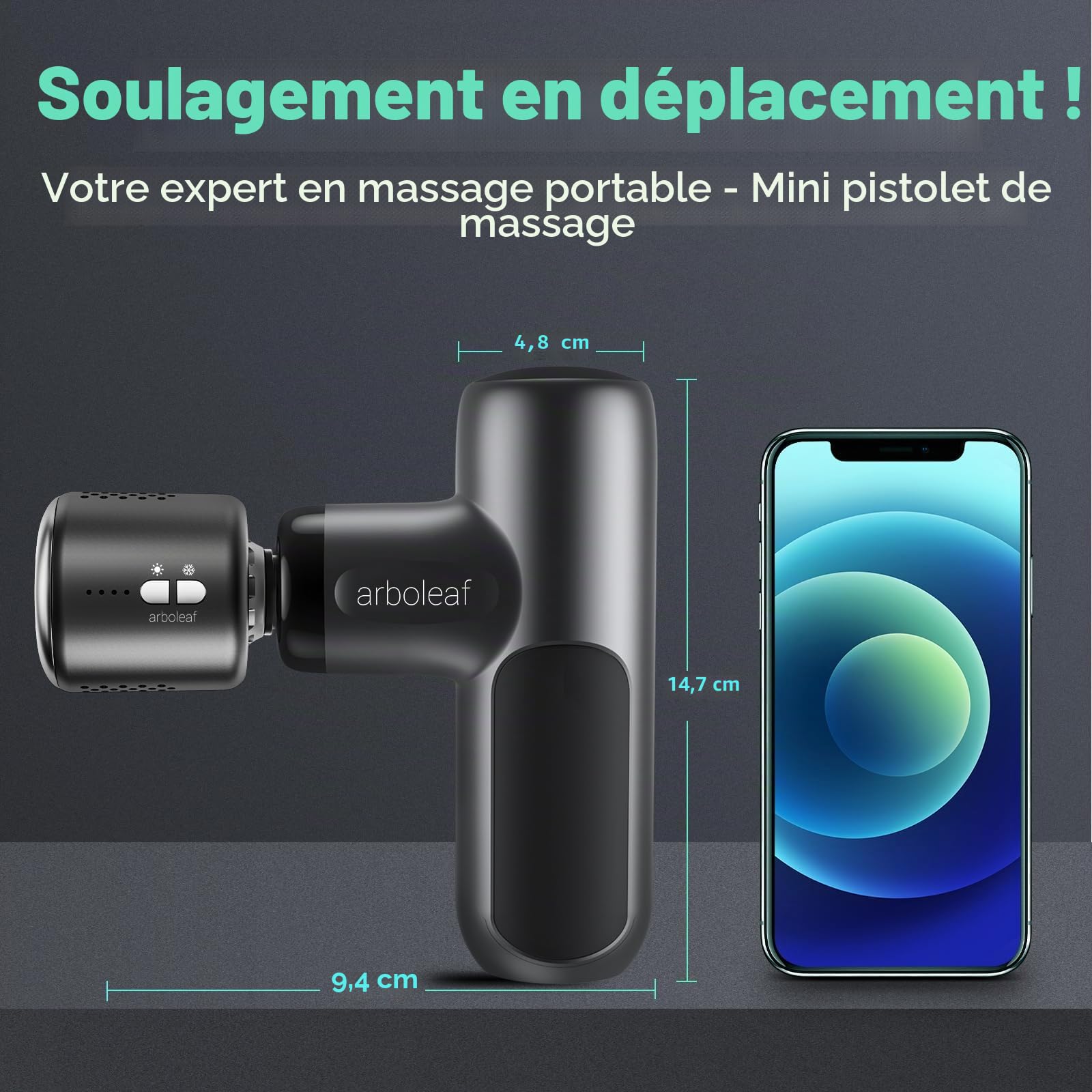 arboleaf Mini Pistolet de Massage Chaud et Froid, 5 Vitesses et 3200 rpm | Pistolet Massage Musculaire Portable, 0,37 kg, 5 Têtes de Massage, avec Étui, pour Soulager les Douleurs du Dos