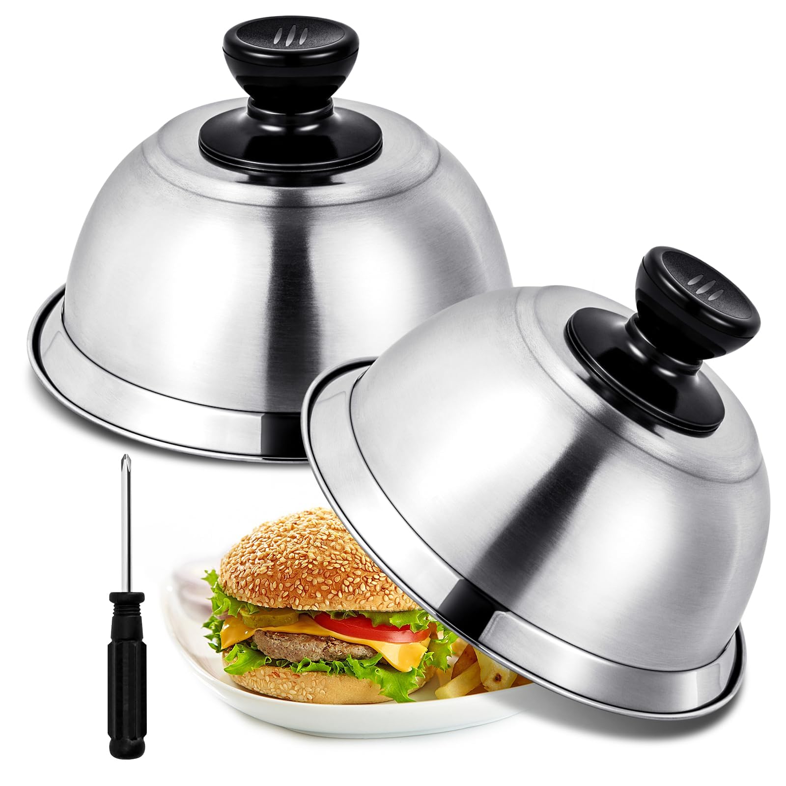Omtofo Burgerglocke, 16x6.6cm Burgerglocke Edelstahl, Grillglocke Schmelzglocke Abdeckhaube Burger Glocke mit Schraubenzieher für Cheeseburger Barbecue Steak, Innen & Außen Burgercover
