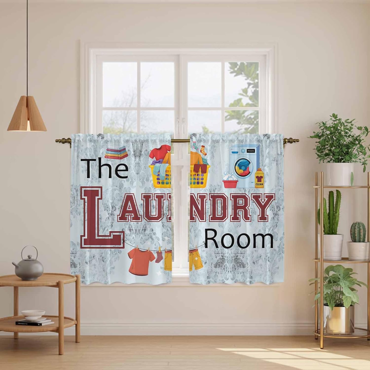 Laundry Room Kitchen Curtain 45 Inch Length, Rustic Blue Fold Short Cafe Tiers Curtains Drape, 2 Panel Window Treatment Rod Pocket Drapery Panels Curtains for Laundry Room/Kitchen Windows, 104x45