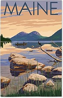 Lantern Press 16x24 Inch Giclee Art Print Wall Decor, Maine, Lake Scene and Canoe
