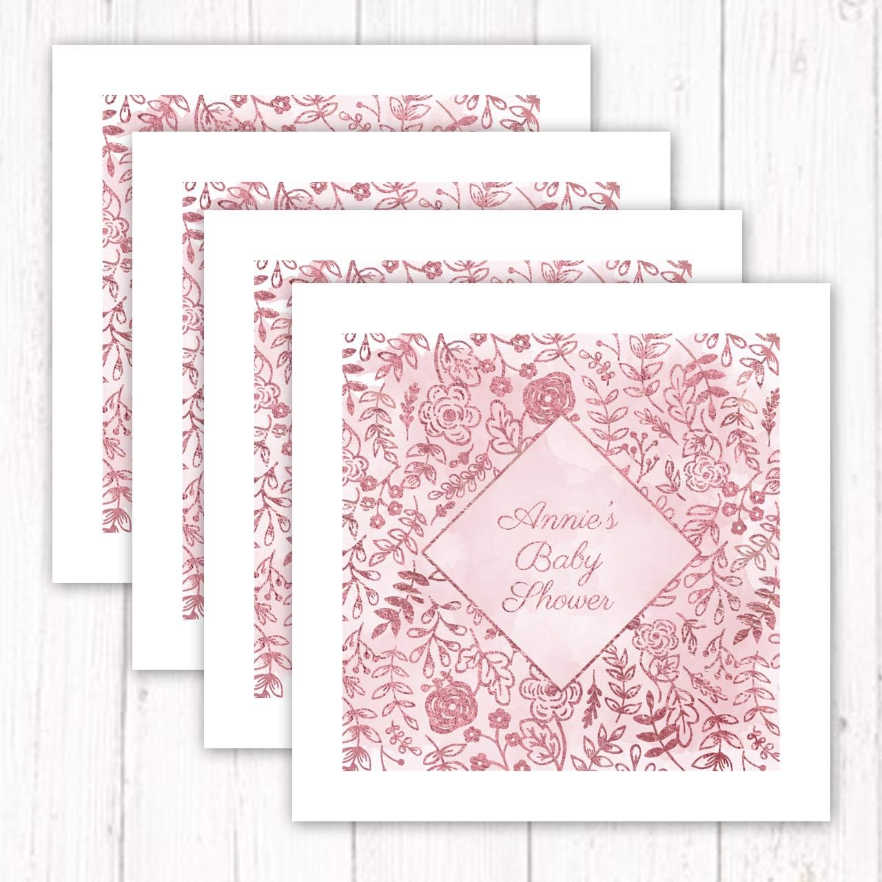Shining Pink Floral Personalized Dinner Napkins / 100 White 3 Ply Paper Uncoined Luncheon Napkins With Pink Foil/Folded 6 1/2" x 6 1/2" Napkins/Made In The USA