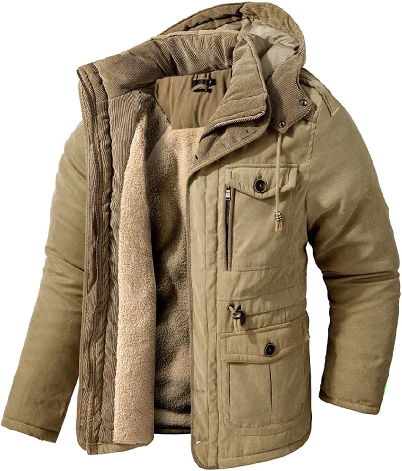 Men's Fleece Jackets Winter Vintage Warm Thick Hooded Parka Camping Snow Cold-proof Pocket Coats