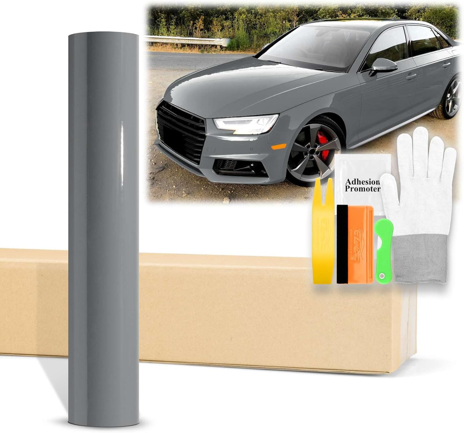 60"x360" (5FTx30FT) Gloss Gray Glossy Vinyl Wrap Auto Car Sticker Decal Film Sheet Bubble Free Air Release Technology with Tool Kit