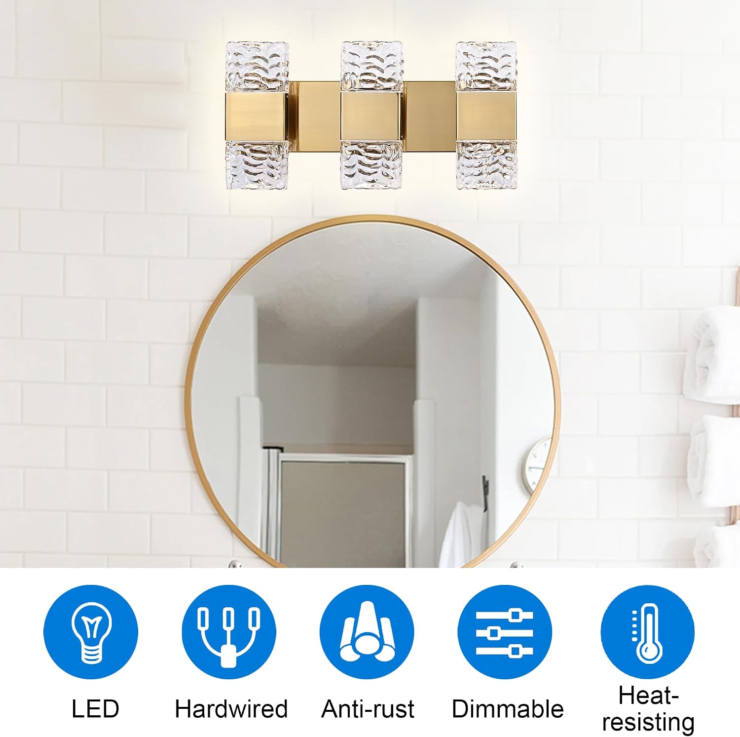 MELUCEE LED Bathroom Vanity Light 24W, 3-Light Modern LED Vanity Light Bar with Crystal Column Brass Bathroom Lights Over Mirror Crystal Wall Sconce Restroom Lighting Fixtures, 3000K Warm Lighting